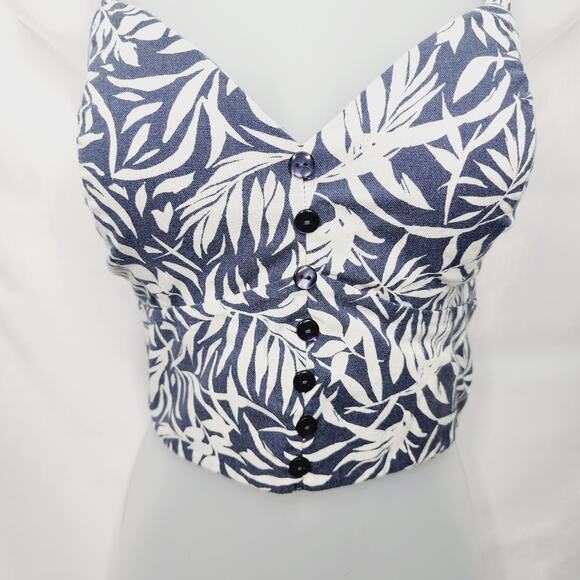 Haute Monde Blue & White Tropical Leaf Print V Neck Women's Crop Top Large - Picture 4 of 10